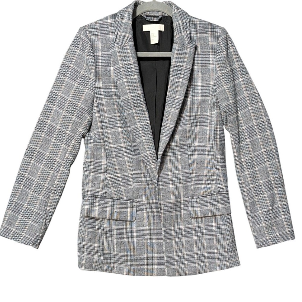 H&M Womens 4 Grey Glen Plaid Structured Lined Flap Pockets Open Blazer Size 4
